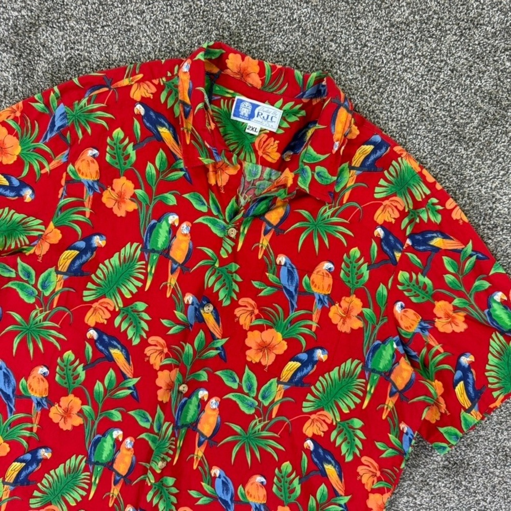 RJC Mens 2XL Red Parrot Hibiscus Tropical Hawaiian Shirt Magnum PI Short Sleeve